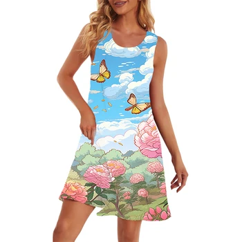 Лето 3D Бабочка Сшивание Печатное Мини-платье Платье Гавайское Сексуальное Платье Мода Дамы Тонкое Платье Женская Одежда Женщины