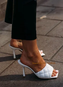 Лето Новый Дизайн Плетение Квадратный Носок Глядеп Носок Высокий Каблук Тапочки Мода Скольжение На Тонком Высоком Каблуке Слайды Женщины Мюли Вечеринка Сандалии