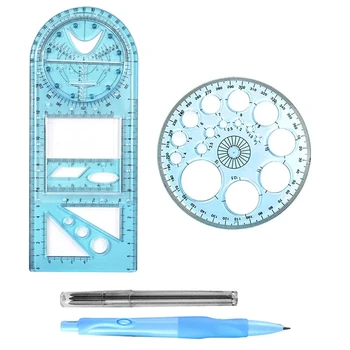 Многофункциональная геометрическая линейка, геометрический шаблон чертежа измерительный инструмент для школьного офиса с карандашом