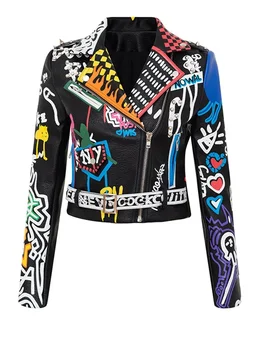 Модное брендовое пальто PU кожаная куртка женская леопардовый принт граффити заклепки панк пальто тонкий локомотив укороченная куртка кожаный топ