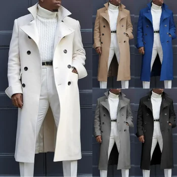модные белые длинные куртки тренч из смесовой шерсти мужское пальто длинное тренч двубортные пальто уличная одежда для вечеринок свободный джек