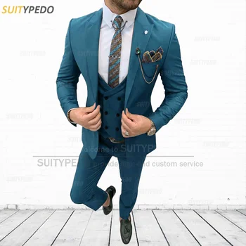 Модный синий костюм для мужчин Slim Fit Business Prom Wedding Blazer Vest Брюки 3 шт. Повседневный костюм Пиджак Формальные смокинги для мужчин