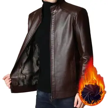 Мужская куртка Искусственная кожа Ветрозащитный Толстый плюшевый Сохранение тепла Карманы среднего возраста Отец Мотоциклетное пальто куртка мужская