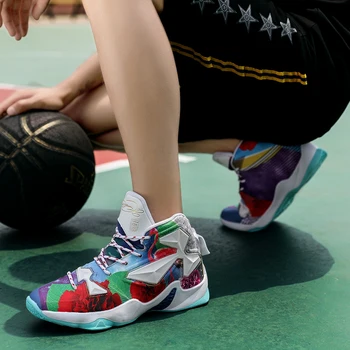 Мужская обувь, красочная баскетбольная обувь с граффити, мужская обувь для спорта на открытом воздухе, модная, модная, нескользящая, износостойкая 4