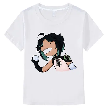 Мультфильм Genshin Impact Футболка Одежда для девочек Дети Kawaii Xiao Graphic Tee Детская летняя футболка 100% хлопок топы для мальчиков футболка