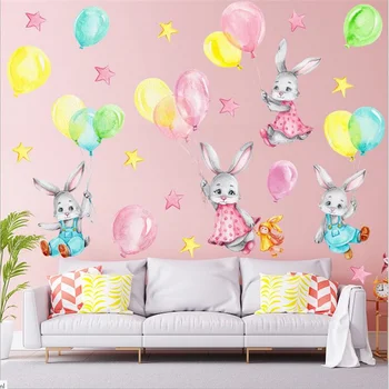 Мультяшный кролик Воздушный шар Наклейка на стену для девочек Детская комната Стена Гостиная Украшение спальни Живопись Украшение дома Обои