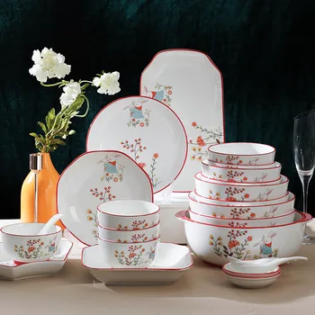  Набор керамической посуды ручной работы Набор мисок и тарелок Симпатичный набор посуды с кроликом для домашнего использования Кухонные аксессуары