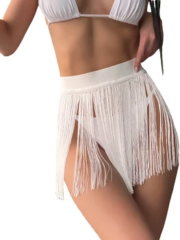 Накидка для плавания для женщин Женская пляжная юбка с высокой талией и кисточками однотонная летняя мини-юбка для отпуска на берегу моря 0