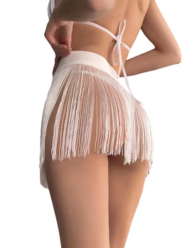Накидка для плавания для женщин Женская пляжная юбка с высокой талией и кисточками однотонная летняя мини-юбка для отпуска на берегу моря 3
