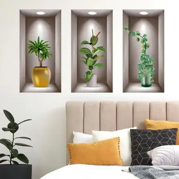 Настенные художественные наклейки имитируют 3D трехмерные зеленые растения в горшках Цветы Украшения для дома Pegatinas de Pared Аниме обои
