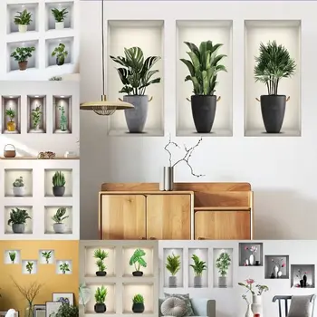 Настенные художественные наклейки имитируют 3D трехмерные зеленые растения в горшках Цветы Украшения для дома Pegatinas de Pared Аниме обои 4