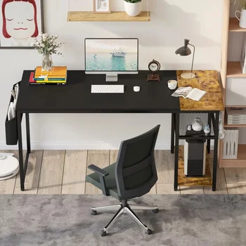 Настольные компьютерные столы 47-дюймовый компьютерный стол для домашнего офиса с боковым карманом, крючком для наушников и полками для хранения (черный) Мебельная комната