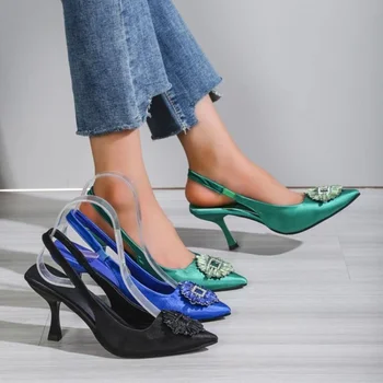 Новые сандалии для женщин Свадебная обувь Zapatillas Mujer Heels Женщины Хрустальная пряжка Горный хрусталь Сандалии на высоком каблуке Остроконечные лодочки 4
