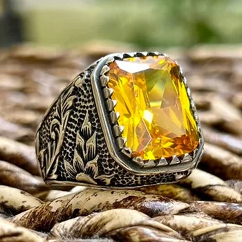 Новый европейский и американский стиль креативный инкрустированный квадратный желтый циркон кольцо персонализированная мода мужское кольцо для свидания