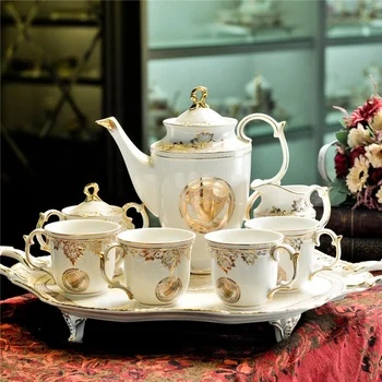 Новый кофейный сервиз, чайный сервиз, чайный набор с чашкой для послеобеденного чая и блюдцем, инкрустированный золотом, с большой тарелкой