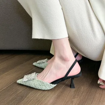 новый острый носок на шпильке горный хрусталь украшение неглубокий рот элегантная женская обувь летняя мода сексуальная банкетная вечеринка высокие каблуки 5