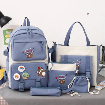 Новый студенческий школьный портфель Набор из пяти предметов Легкая симпатичная сумка Студенческий рюкзак Рюкзак 5