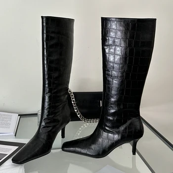 Обувь Slip On Fashion Square Toe Ladies Knee High Boots Luxury With Heels Shoes Элегантные женские длинные западные сапоги Новые туфли 3
