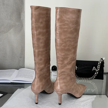 Обувь Slip On Fashion Square Toe Ladies Knee High Boots Luxury With Heels Shoes Элегантные женские длинные западные сапоги Новые туфли 4