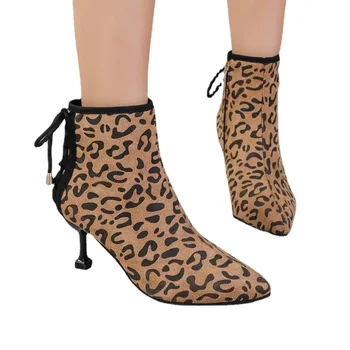 Обувь для женщин 2023 Мода Женские сапоги с острым носком и леопардовым принтом Сексуальные ботильоны на тонком каблуке Простые универсальные современные сапоги 5