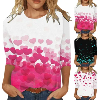 Одежда T День святого Валентина Выкройка для женских топов Love Print Три четверти рукава Круглые женские топы с длинным рукавом с V-образным вырезом