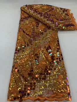 оранжевая африканская кружевная ткань с пайетками 2023 Высококачественная вышивка ручной работы Последовательность Золотая линия Кружевная ткань для свадебного материала