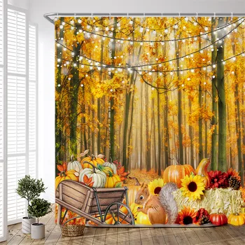 Осенний набор занавесок для душа Осенний лес Пейзаж Кленовые листья Ткань Декор Занавеска для ванны Пейзаж на День Благодарения Тыквы Урожай