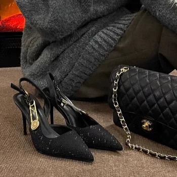 Острый носок Шпилька Горный хрусталь Высокие каблуки Французский стиль Сексуальные полые сандалии Черный Универсальная женская обувь Sandalias De Mujer 0