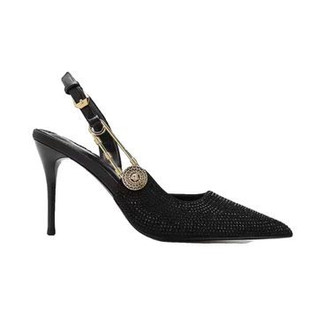 Острый носок Шпилька Горный хрусталь Высокие каблуки Французский стиль Сексуальные полые сандалии Черный Универсальная женская обувь Sandalias De Mujer 4