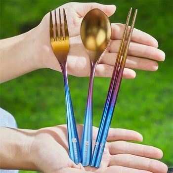  Открытый титан Красочная ложка, вилка и палочки для еды Кемпинг Портативный титановый металлический набор столовых приборов 0