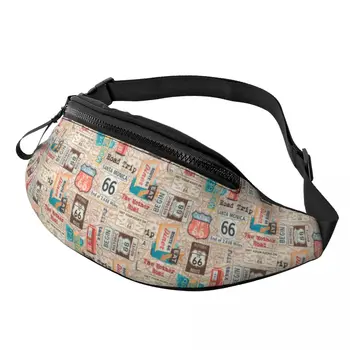 Персонализированный винтажный Route 66 Поясная сумка для женщин Мужчины Мода США Шоссе Карта Кроссбоди Поясная сумка Дорожный телефон Сумка для денег