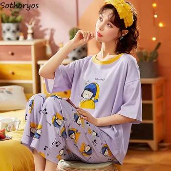 Пижамные комплекты Женские мультяшные О-образный вырез с коротким рукавом Летние брюки полной длины в корейском стиле Свободная домашняя одежда для подростков 2 шт. Mujer