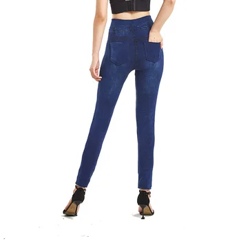 Подлинные карманные джинсовые леггинсы из имитации денима для женской верхней одежды Брюки с принтом Брюки для фитнеса Высокоэластичные бесшовные укороченные брюки