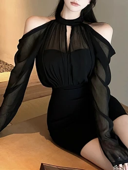 Полупрозрачное элегантное женское короткое платье Сексуальные платья с длинным рукавом и однотонными шифоновыми платьями 2023 Весна Лето Корейская модная одежда