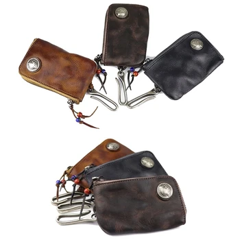 Портативный кожаный кошелек для ключей для мужчин Короткий винтажный автомобильный держатель для ключей на молнии Монета Кошелек Карта для чехла Сумка Домработница