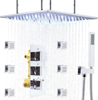 Потолочная душевая система с 6 форсунками, 20-дюймовая светодиодная насадка для тропического душа и латунный ручной душ, 3-ходовой термостатический душ 1