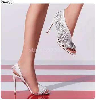 Ремешок на щиколотке белая женская сандалия бахрома декор тонкий каблук женское платье для вечеринок туфли высокие каблуки летняя мода с открытым носком шпилька