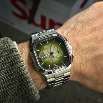 Ретро Мужские квадратные часы Япония VK64 Кварцевый механизм Сильный светящийся календарь Водонепроницаемые наручные часы с хронографом из нержавеющей стали