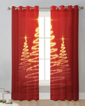 Рождественская елка Красный золотой занавес Тюлевые шторы для гостиной Кухня Обработка окон Вуаль Шторы 0