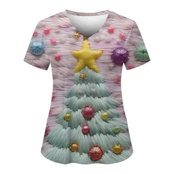  Рождественские женские футболки с мультяшным принтом Медицинская униформа для медсестер 3D-принт V-образный вырез с коротким рукавом Футболки с карманом TShirt