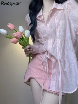 Розовая рубашка Женский дизайн Гофрирование Солнцезащитная одежда Новая тонкая Harajuku Daily Fashion All-match Chemise Femme Нежная уличная одежда