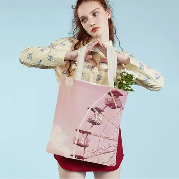 Розовые цветы вишни Колесо обозрения Осака Горячий воздушный шар Супермаркет Сумка для покупок Сумка-тоут Мода Мультяшная леди Сумки для покупок