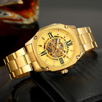  Роскошные квадратные механические часы-скелетоны Ретро Золотые автоматические мужские часы Светящиеся указатели Модный ремешок из нержавеющей стали
