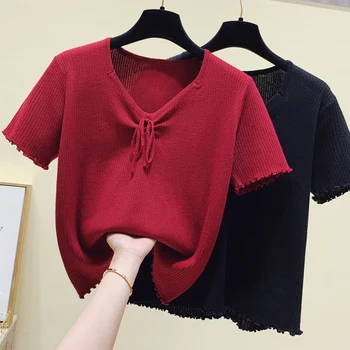 Свитер большого размера Женская одежда Летняя тонкая футболка Kintting 2023 Короткий рукав V-образный вырез Бант Свободный негабаритный пуловер Джемпер