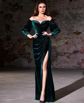 сексуальные длинные зеленые бархатные вечерние платья с разрезом русалка длинная плиссированная فساتين سهرة Вечернее платье для женщин