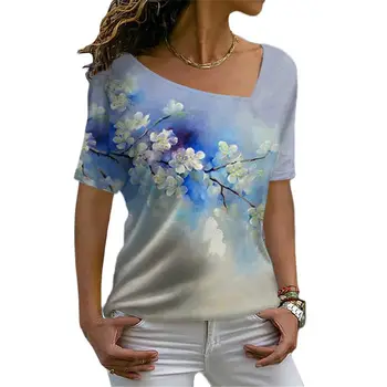  Сексуальный диагональный воротник Цветок Цифровой 3D-печать Женская футболка С коротким рукавом Летний повседневный пуловер Персонализированные женские топы Одежда