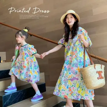 Семейная одежда Мать и дочь Красочные цветочные платья принцессы Лето с пышным рукавом Пляжное платье с открытой спиной 2-8 лет Vestidos 1