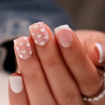  Симпатичный белый Love Heart Французский носимый короткий квадратный накладные ногти с полным покрытием готовые накладные ногти Пресс на ногтях с клеем оптом 0