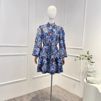 синий Винтажное мини-платье с цветочным принтом 2023 Новая осень Высшее качество Льняная повседневная женская одежда с длинным рукавом фонаря