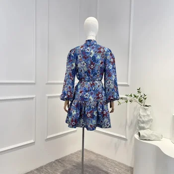 синий Винтажное мини-платье с цветочным принтом 2023 Новая осень Высшее качество Льняная повседневная женская одежда с длинным рукавом фонаря 1